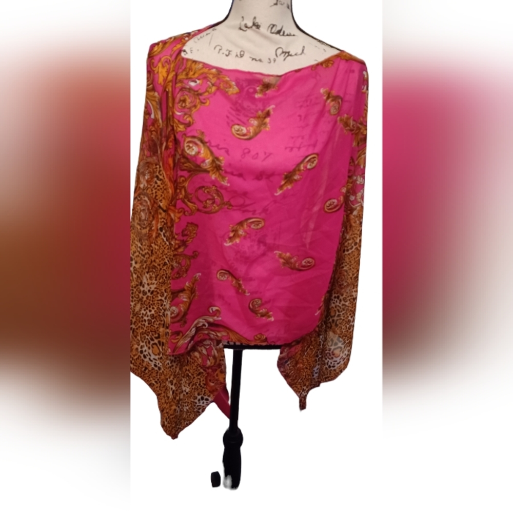 Pink Animal Print Top Women's Blouse Sheer Handkerchief Sleeves Flowing